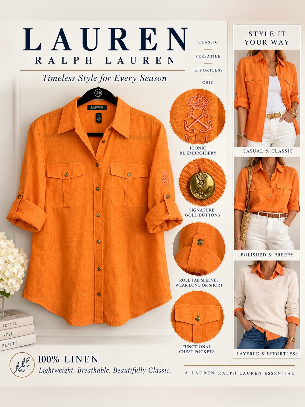 Ralph Lauren Orange Linen Button-Down Shirt